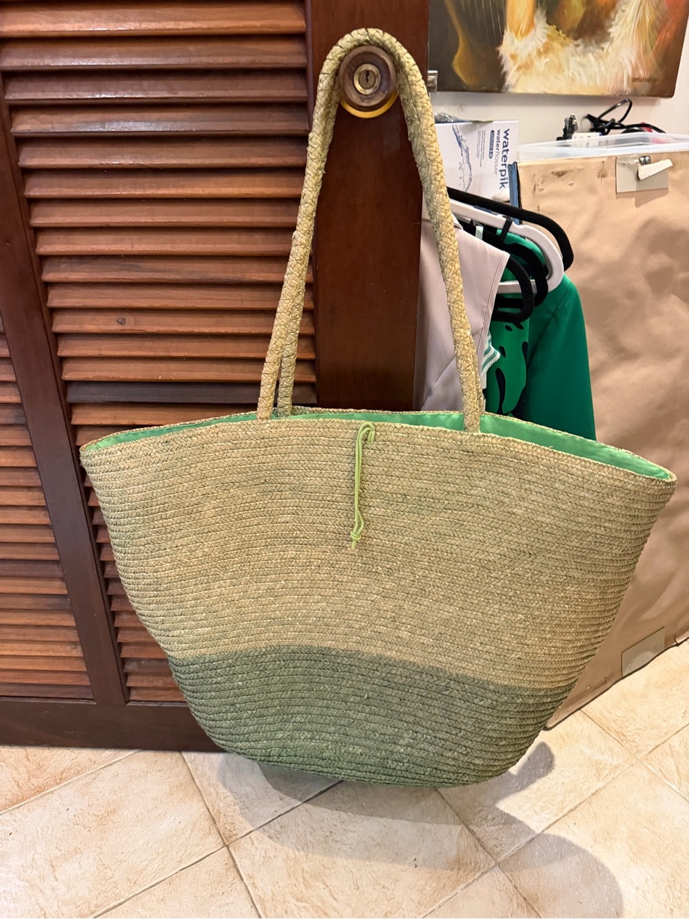 Woven Straw Tote Bag in Natural and Green - Unbranded